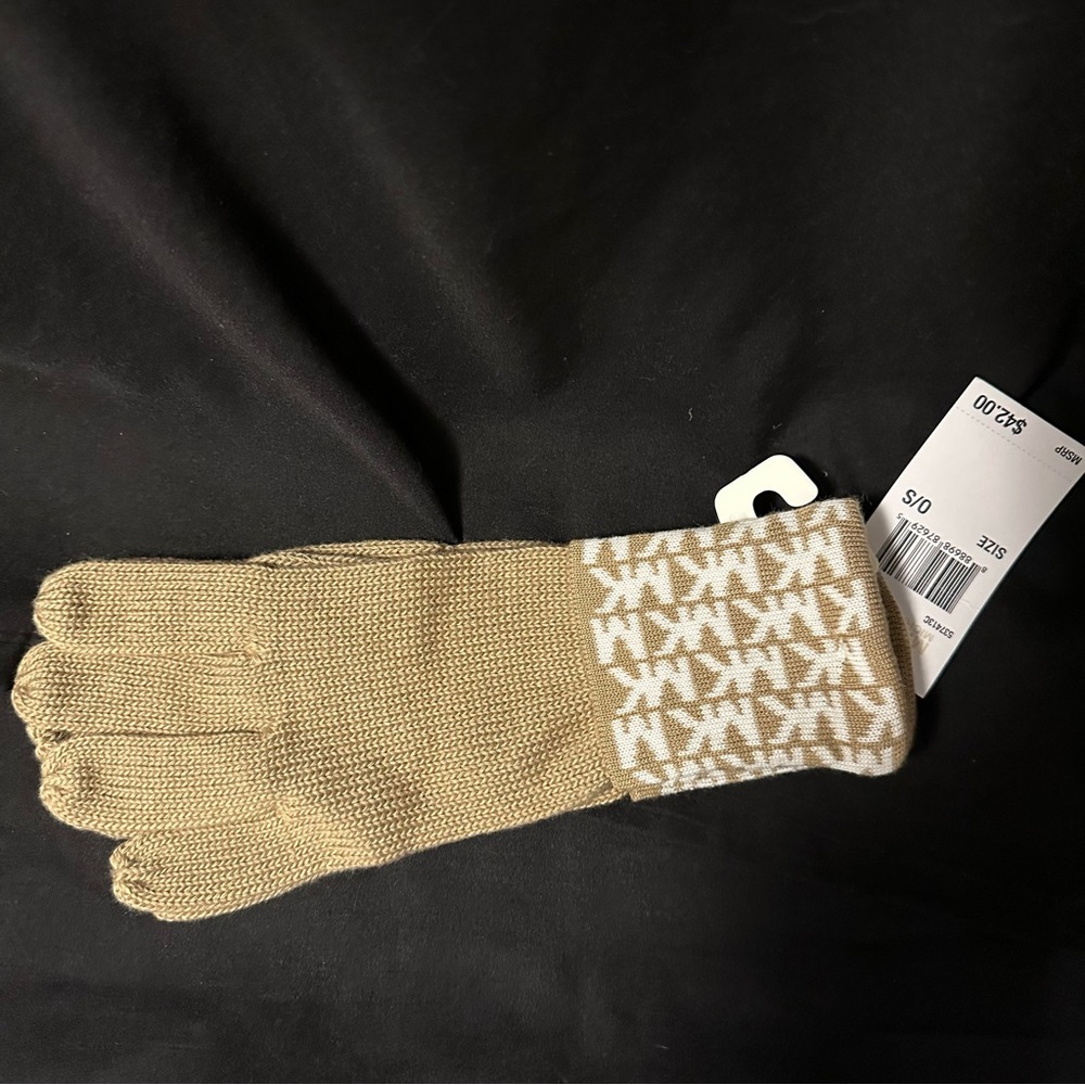 Michael Kors Tan Knit Gloves with MK Pattern